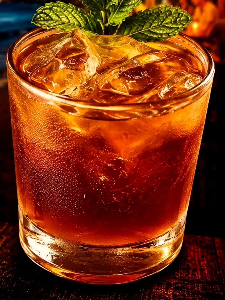 Drink Divomint: copo com drink escuro, gelo e ramo de hortelã