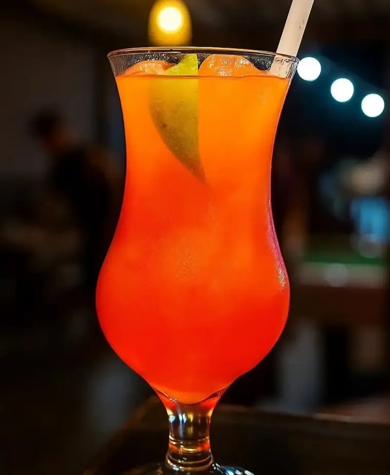 Drink vermelho-alaranjado numa taça hurricane, com fatia de limão e canudo