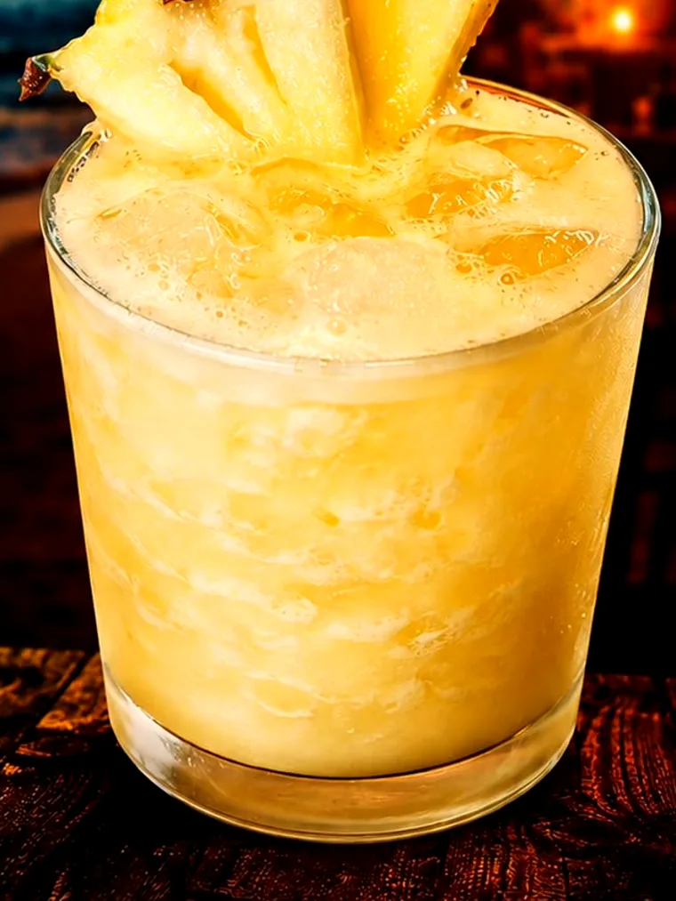 Drink Thailin: copo com drink de abacaxi batido e leque de abacaxi