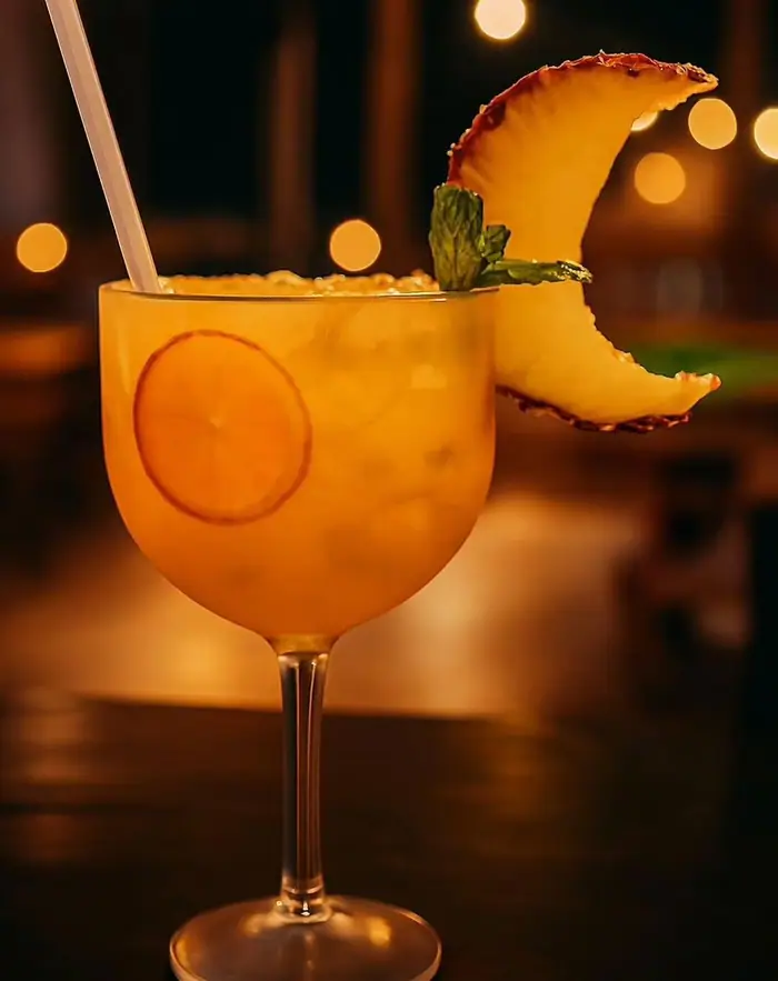 Drink alaranjado numa taça, com rodela de laranja, leque de abacaxi e hortelã
