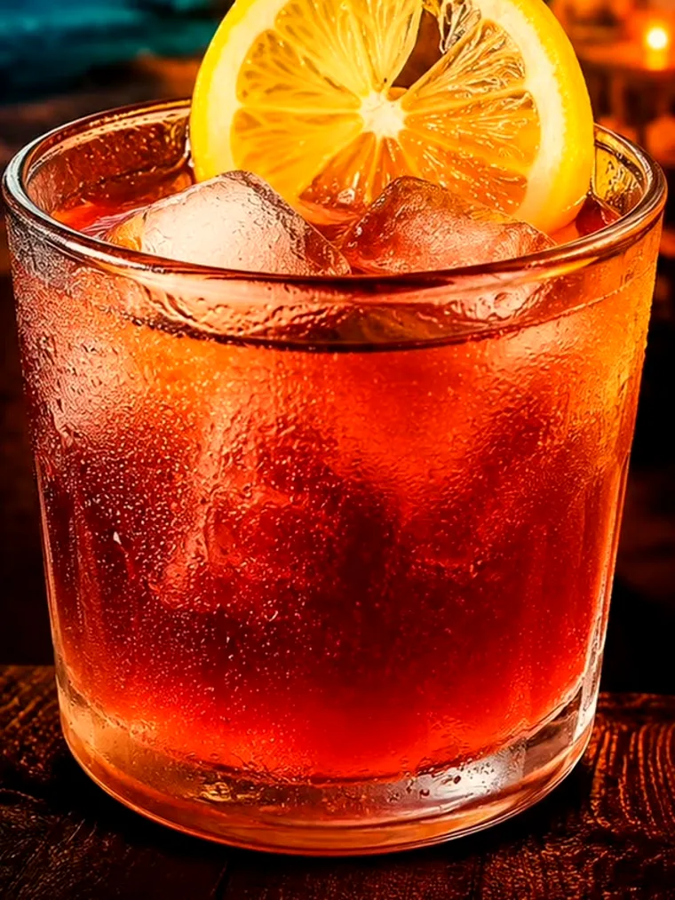 Drink Zé Geraldo: copo baixo com drink avermelhado, gelo e rodela de limão