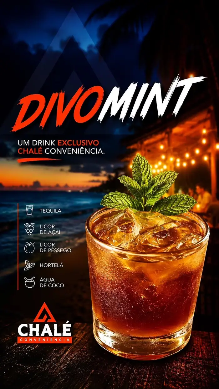 Cartaz do drink Divomint: copo com drink escuro, gelo e hortelã, com a lista de ingredientes
