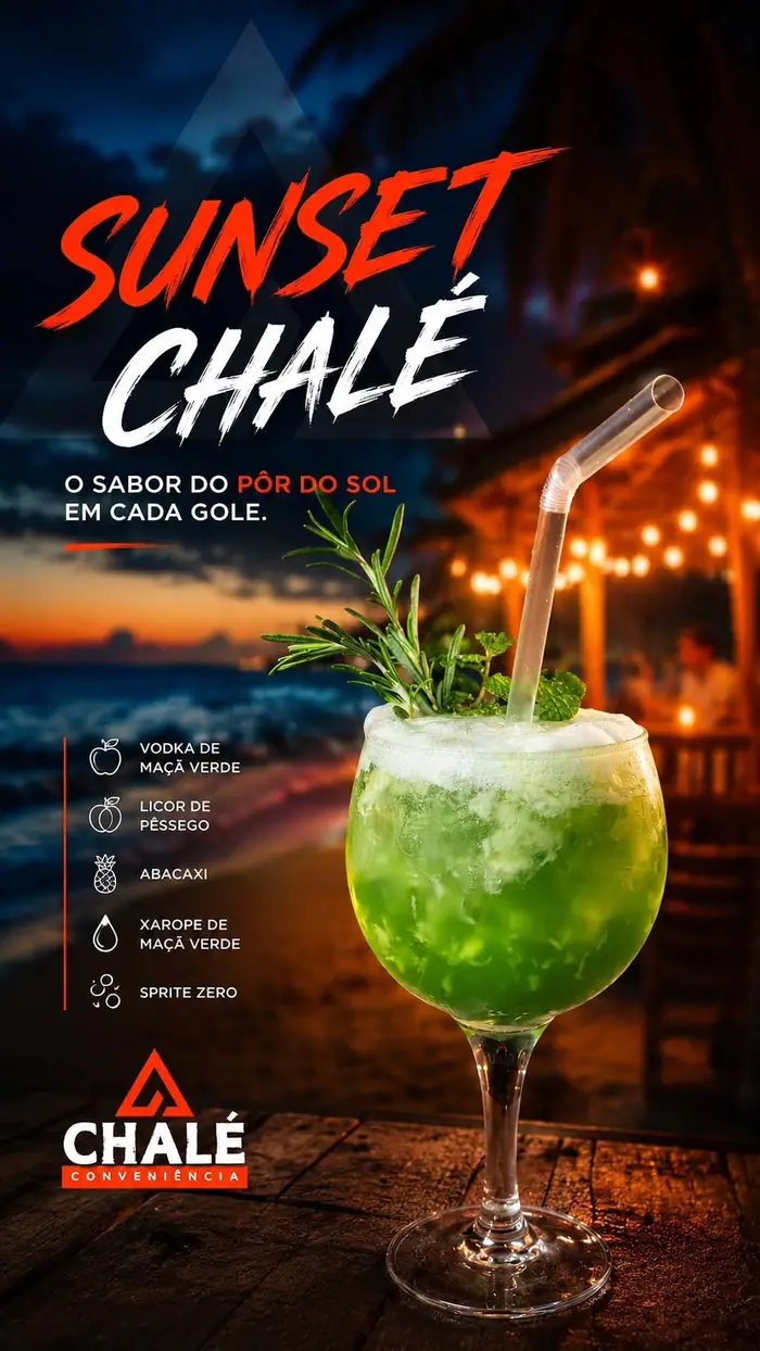 Cartaz do drink Sunset Chalé: taça com drink verde e alecrim sobre o pôr do sol do Preá, com a lista de ingredientes