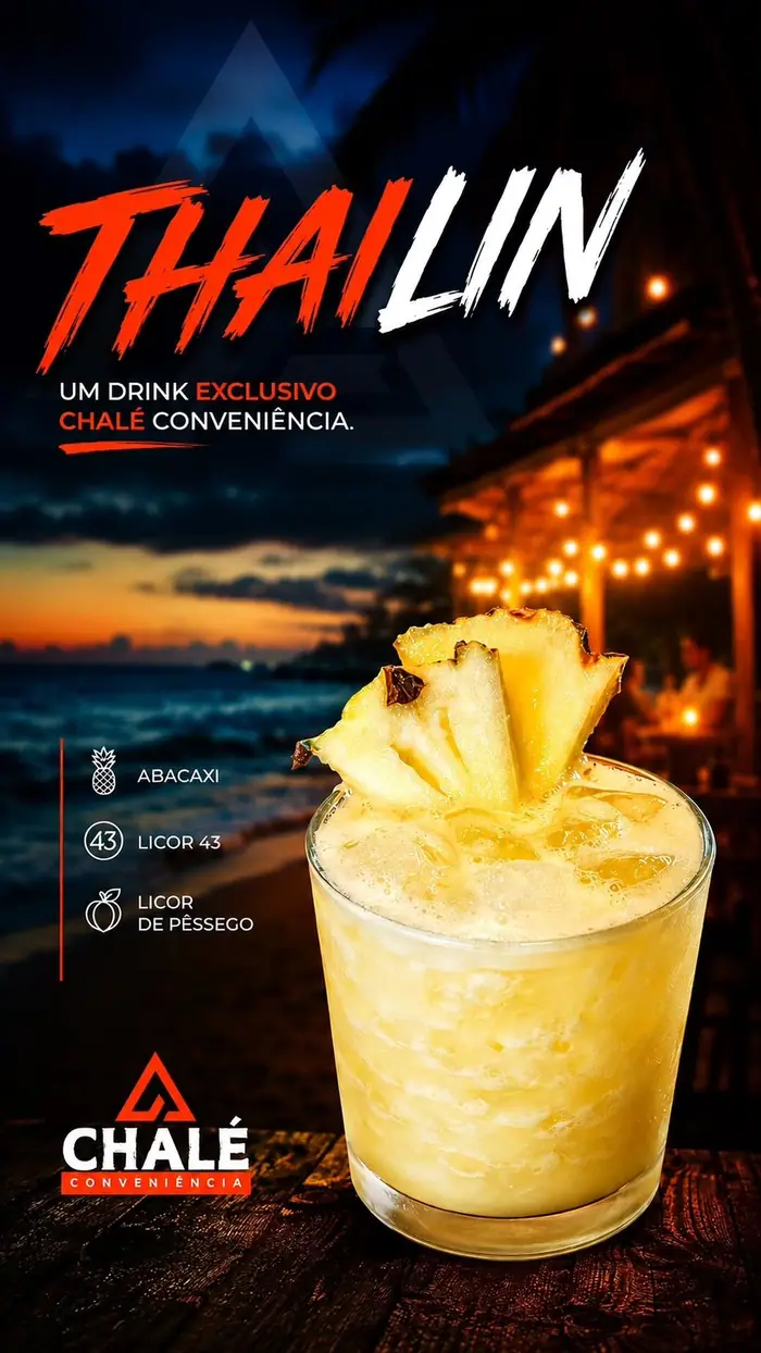 Cartaz do drink Thailin: copo com drink de abacaxi batido e leque de abacaxi, com a lista de ingredientes
